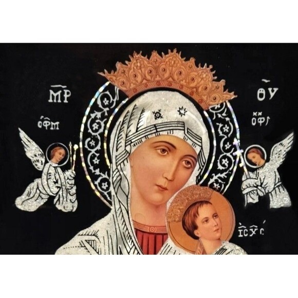 Byzantine Orthodox Icon Theotokos Madonna & Child Mother of Pearl Inlay Framed - Picture 12 of 13